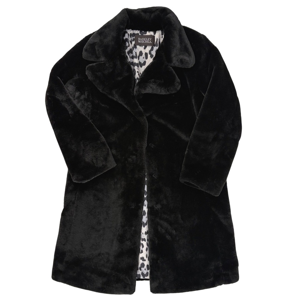 Badgley Mischka Faux Fur Coat Black Leopard Lining Glam Mob Wife Luxury Small